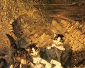 在篮子里嬉戏的小猫 - 朱利叶斯·亚当